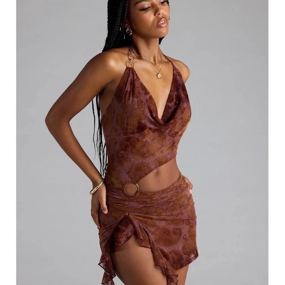 Windsor Brown Burnout Velvet Paisley Halter Cut-Out Mini Dress Medium Clubwear